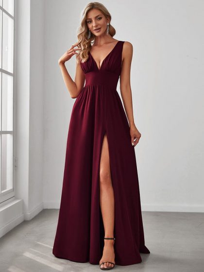 V-Neck High Slit Empire Waist Floor-Length Evening Dress