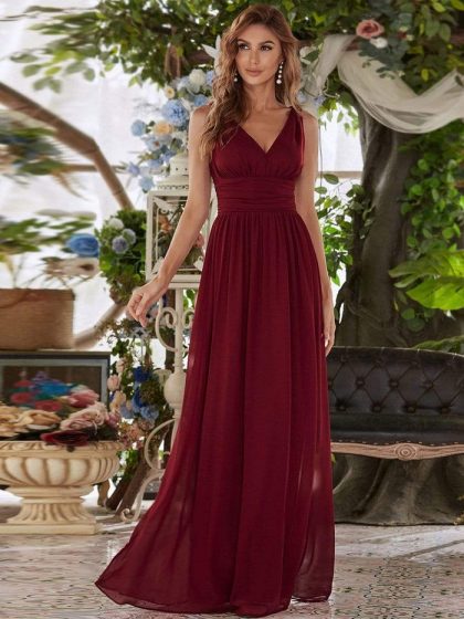 V Neck Sleeveless Pleated Chiffon Evening Dress