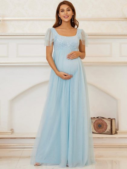 Lotus Leaf Sleeves Tulle Sequin Maternity Dress