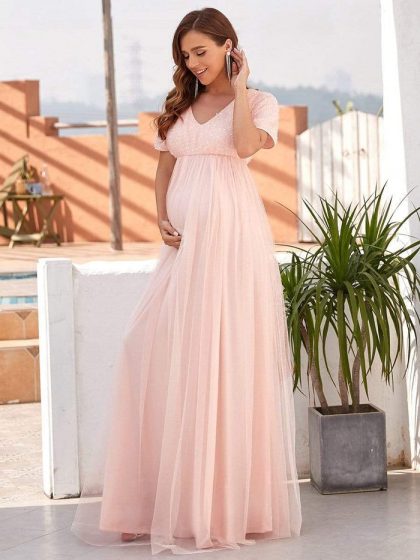 V Neck Mid-Rib Short Sleeves Sequin Long Tulle Maternity Dress